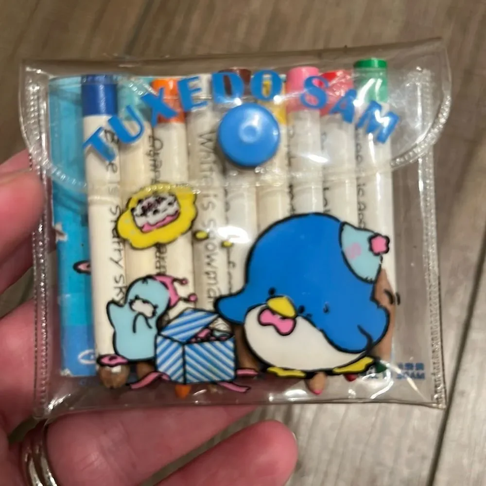 Vintage 80s authentic SANRIO penguin Tuxedo Sam colored pencils stationary set